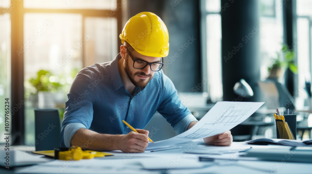 man in yellow hard hat and glasses is focused on drafting plans at desk. workspace is bright and modern, filled with plants and architectural materials man in yellow hard hat and glasses is focused on drafting plans at desk. workspace is bright and modern, filled with plants and architectural materials
