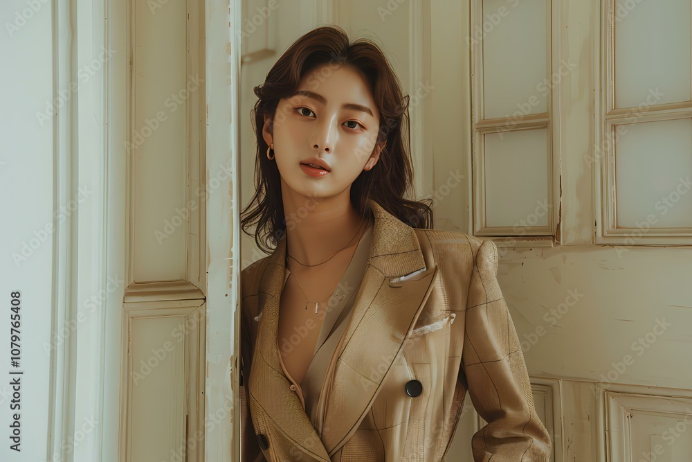 Woman in a Beige Blazer and Dress Woman in a Beige Blazer and Dress