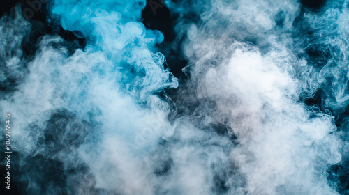 Abstract blue and white smoke pattern on a black background.