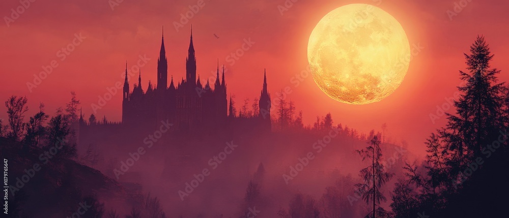 Mystical castle silhouette against a dramatic red sky and full moon Mystical castle silhouette against a dramatic red sky and full moon