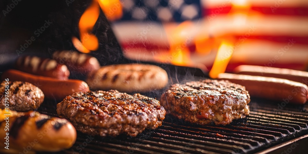 A close-up of a grill full of burgers and hot dogs, with an American flag flying in the background during a Memorial Day cookout. A close-up of a grill full of burgers and hot dogs, with an American flag flying in the background during a Memorial Day cookout.