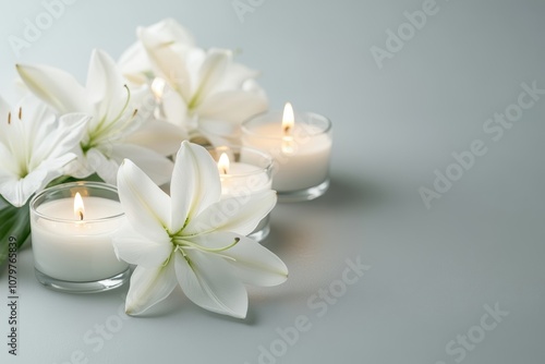 White Lilies and Candles on a Gray Background