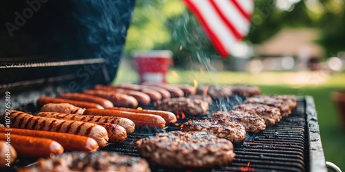 A close-up of a grill full of burgers and hot dogs, with an American flag flying in the background during a Memorial Day cookout.