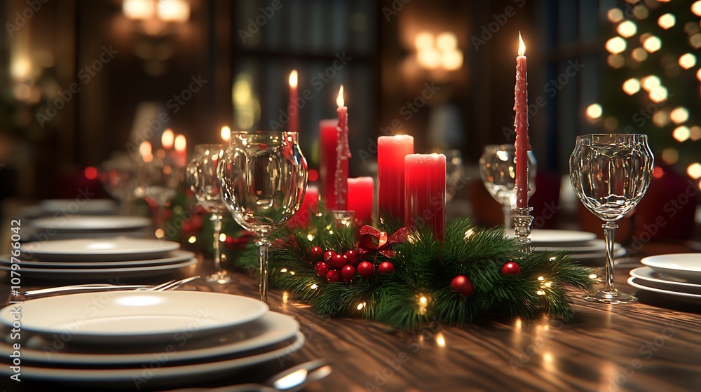 Christmas dinner table scene, elegant table setting with white plates and silver cutlery, a centerpiece of green garland and red candles, warm ambient light, festive and sophisticated, Christmas dinner table scene, elegant table setting with white plates and silver cutlery, a centerpiece of green garland and red candles, warm ambient light, festive and sophisticated,