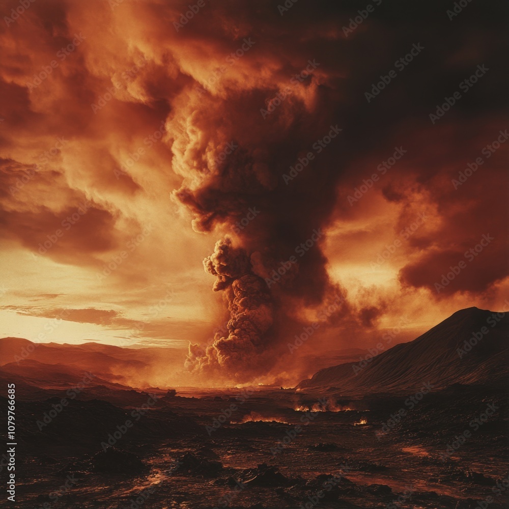 Fototapeta premium Dramatic volcanic eruption with fiery clouds and lava flows