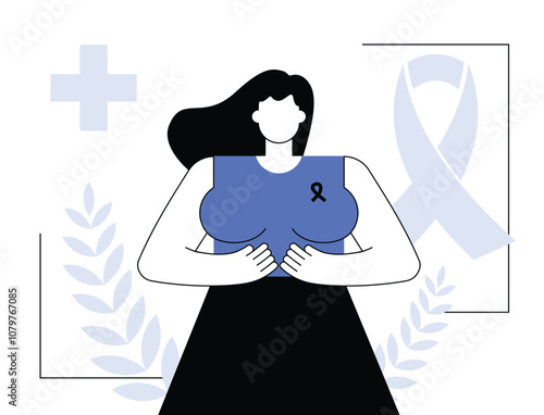 A flat vector of a woman holding a pink ribbon, symbolizing breast cancer awareness. Perfect for campaigns, healthcare visuals, and awareness materials.