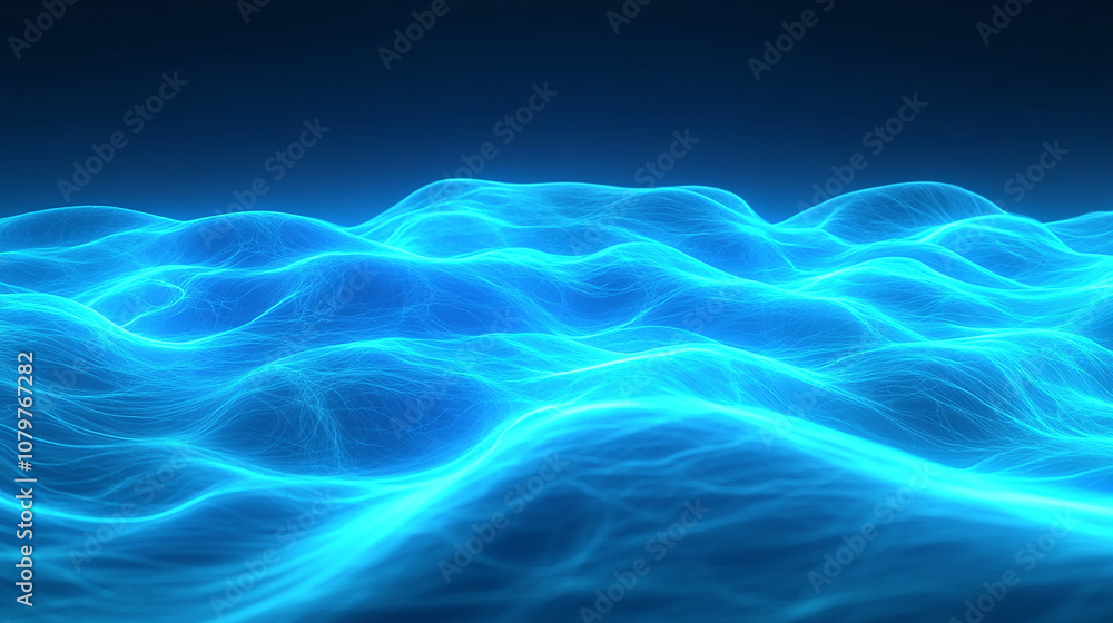 Fototapeta premium Abstract blue glowing wave background with flowing light lines.