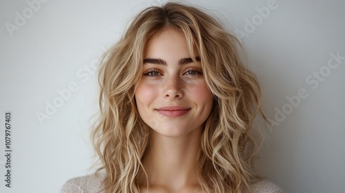 A beautiful young woman with blonde wavy hair smiles into the camera.