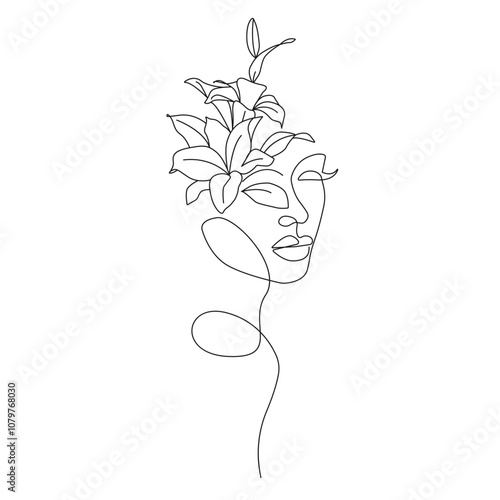 Continuous Line Drawing Of Plants on Female Head Black Isolated on White Background. Woman Face with Flower One Line Illustration. Minimalist Botanical Drawing. Vector