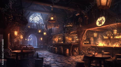 Atmospheric Medieval Tavern Interior with Rustic Decor, Warm Lighting, and Inviting Ambiance for Fantasy, Adventure, or Historical Themes