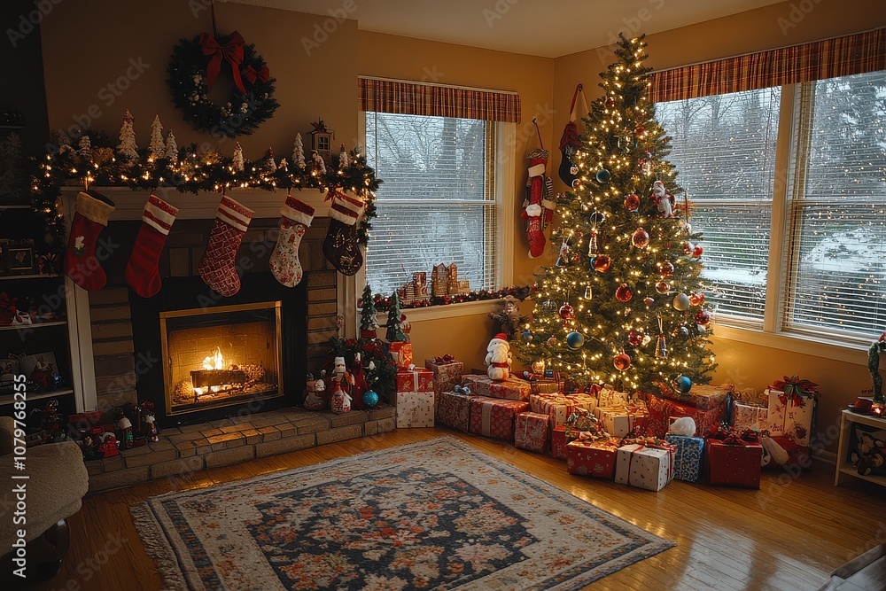Fototapeta premium A beautifully decorated Christmas tree with lights, ornaments, and presents next to a cozy fireplace with stockings, creating a warm and festive holiday atmosphere.