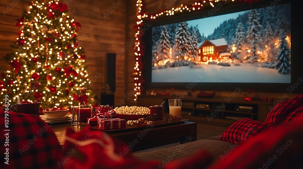 Christmas-themed movie night, comfortable living room with a big screen playing a holiday classic, decorated Christmas tree glowing softly, sofa with red plaid pillows, Christmas-themed movie night, comfortable living room with a big screen playing a holiday classic, decorated Christmas tree glowing softly, sofa with red plaid pillows,