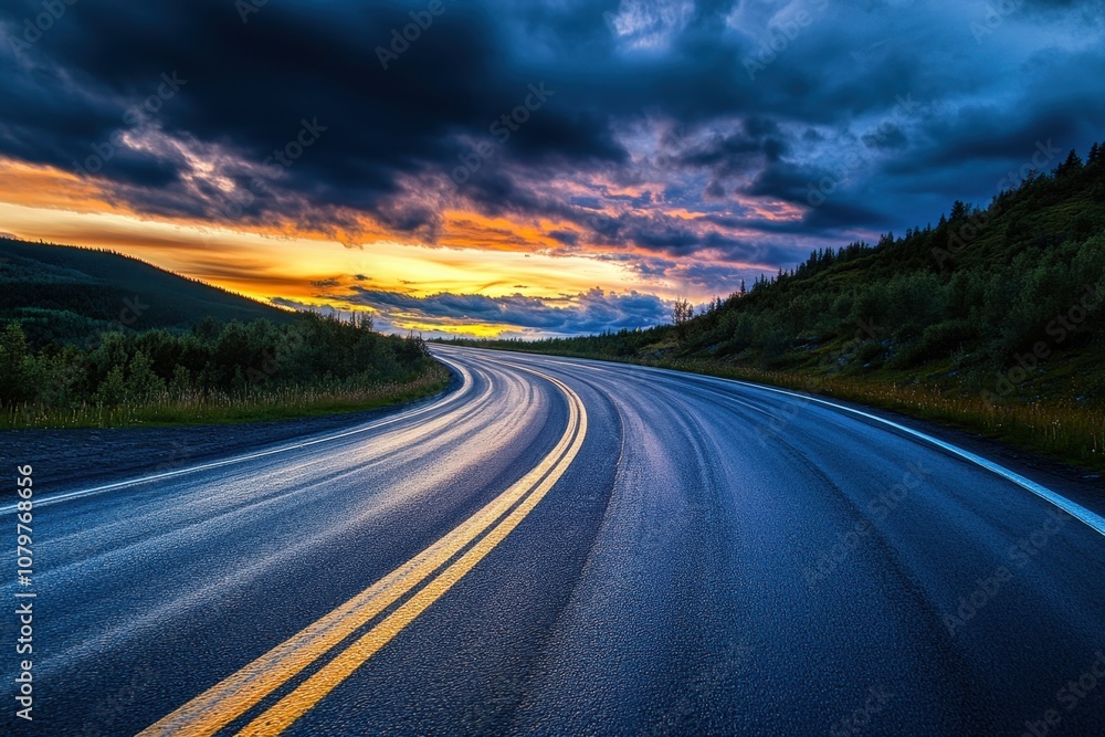 Winding asphalt road through a mountain pass with dramatic sunset sky. Winding asphalt road through a mountain pass with dramatic sunset sky.