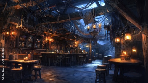 Atmospheric Fantasy Tavern Interior with Dim Lighting, Rustic Decor, Wooden Furniture, and Warm Glow of Lanterns Creating an Enchanting Ambiance for Storytelling