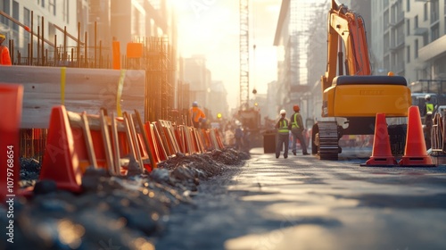 Construction Workers and Excavator at Sunset