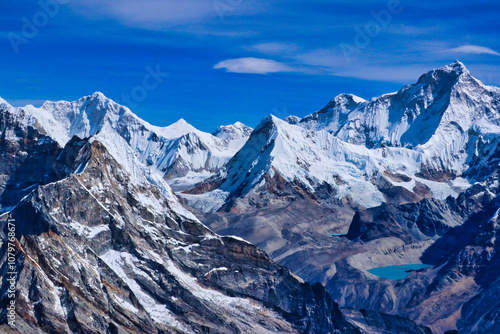 Makalu himalayas wide angle view with Baruntse,7152 m on left, and Makalu,8485 m south west face,summit and west pillar on right from the summit of Mera Peak central,6461 m,Mera Peak Expedition,Nepal 