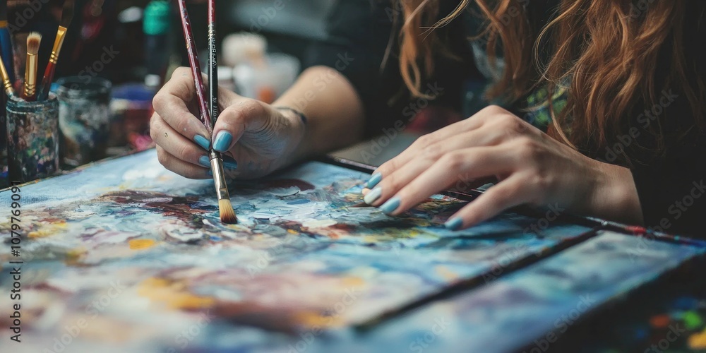 A close-up of a woman artist’s hands working on detailed artwork with various brushes. A close-up of a woman artist’s hands working on detailed artwork with various brushes.