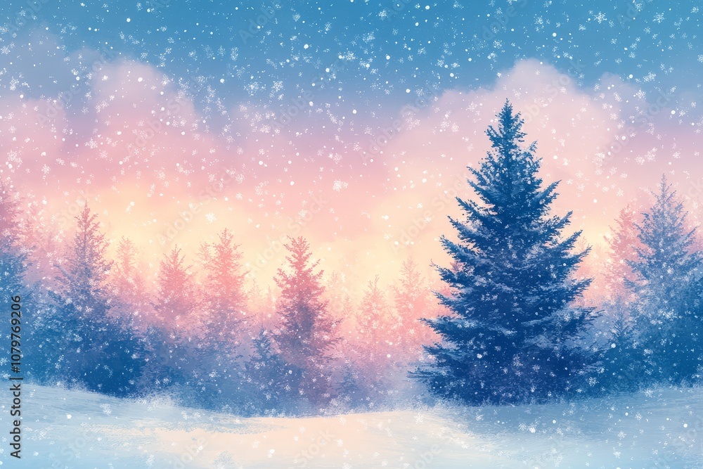 Winter landscape with snow-covered trees, falling snowflakes, pastel sky, pine tree in fresh white snow, sunny snowy park, magical ambiance. Winter landscape with snow-covered trees, falling snowflakes, pastel sky, pine tree in fresh white snow, sunny snowy park, magical ambiance.