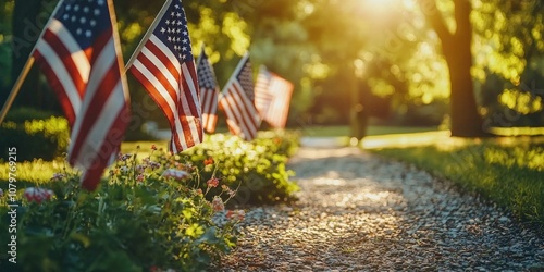 A close-up of American flags arranged along a path in a park for Memorial Day, surrounded by greenery and sunlight.