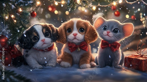 Three Cute Animals Under a Christmas Tree