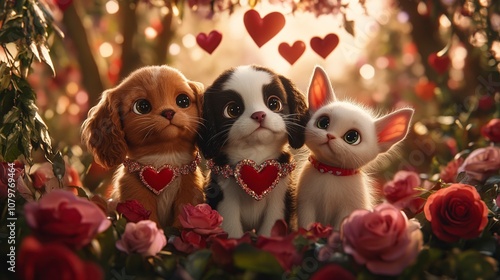 Puppy, Kitten and Hearts in a Garden