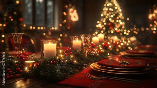 Wallpaper Mural Cozy Christmas dining table, set with festive red and gold tableware, a garland of pine and holly as the centerpiece, candles providing a soft glow, warm and elegant ambiance, Torontodigital.ca