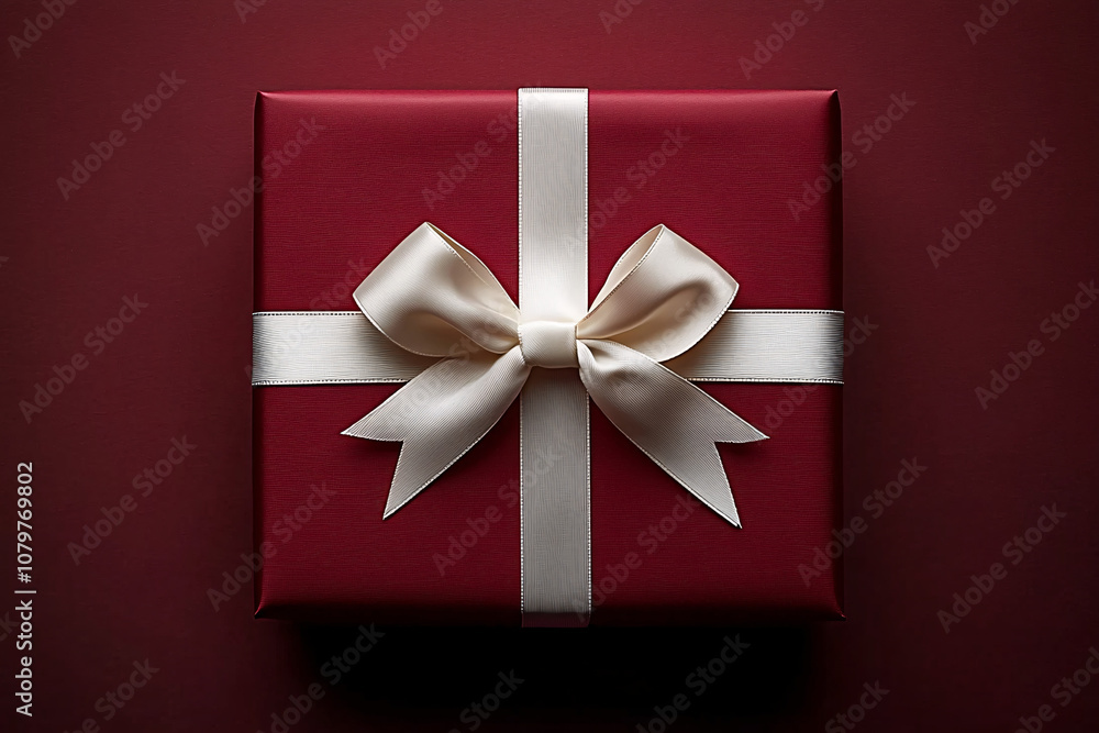 Top view of burgundy red gift box with white ribbon, evoking warmth and anticipation, suitable for holiday and celebration themes.
