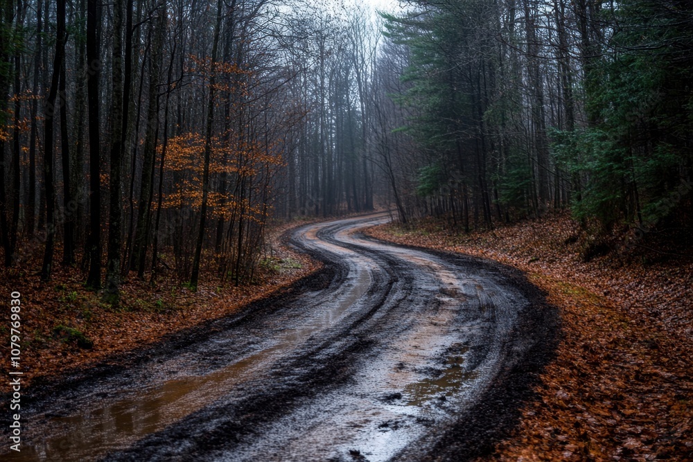Fototapeta premium Winding dirt road through a misty forest. (1)