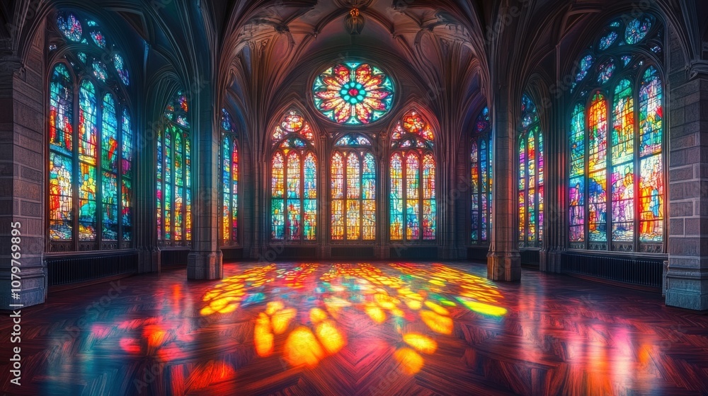 Obraz premium Vibrant stained glass cathedral interior with colorful light reflections