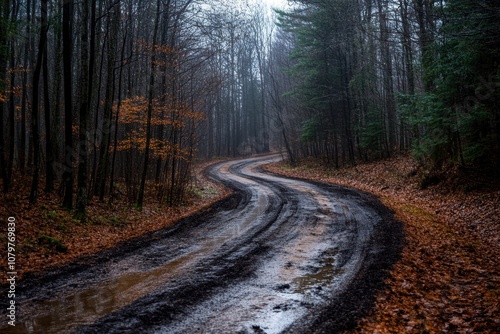 Winding dirt road through a misty forest. (1)