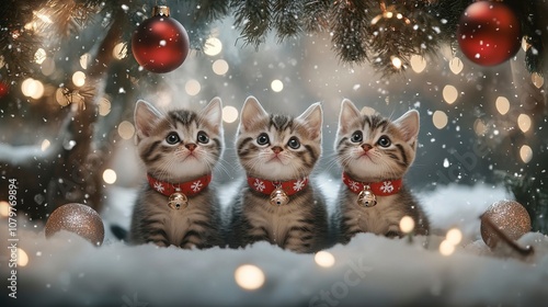 Three Kittens Under a Christmas Tree in the Snow