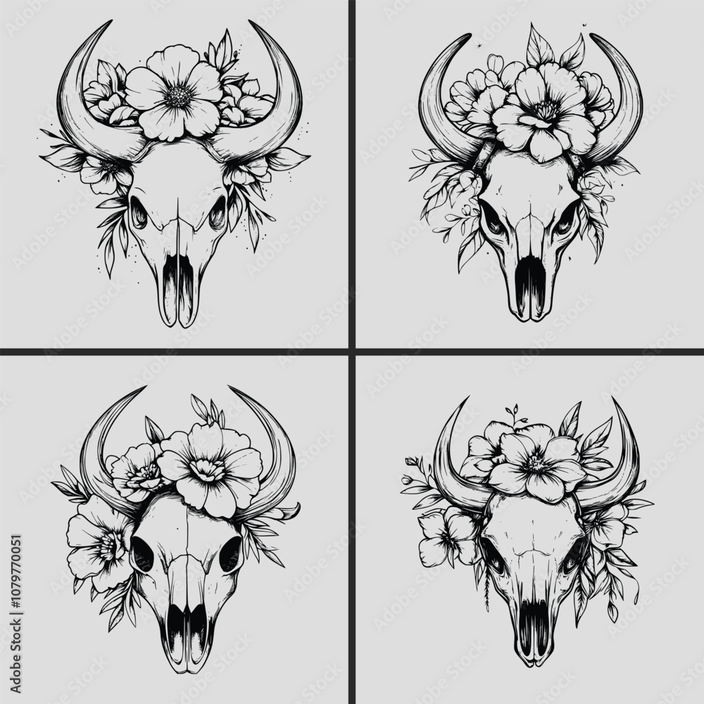 Fototapeta premium Floral Bull Skull Western Cow Skull Svg, Bull Skull Silhouette Vector Svg, Bull Skull Svg, Flower Svg, Bull Skull Head Svg, Western Cow Skull Svg