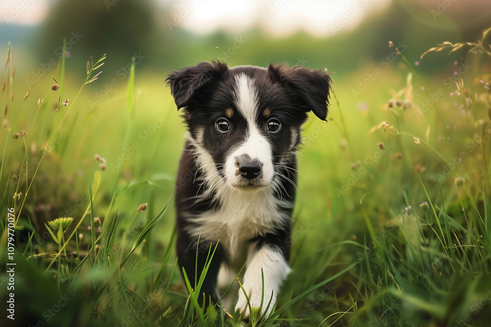 Border collie puppy showcasing herding skills and agility in a scenic field Border collie puppy showcasing herding skills and agility in a scenic field