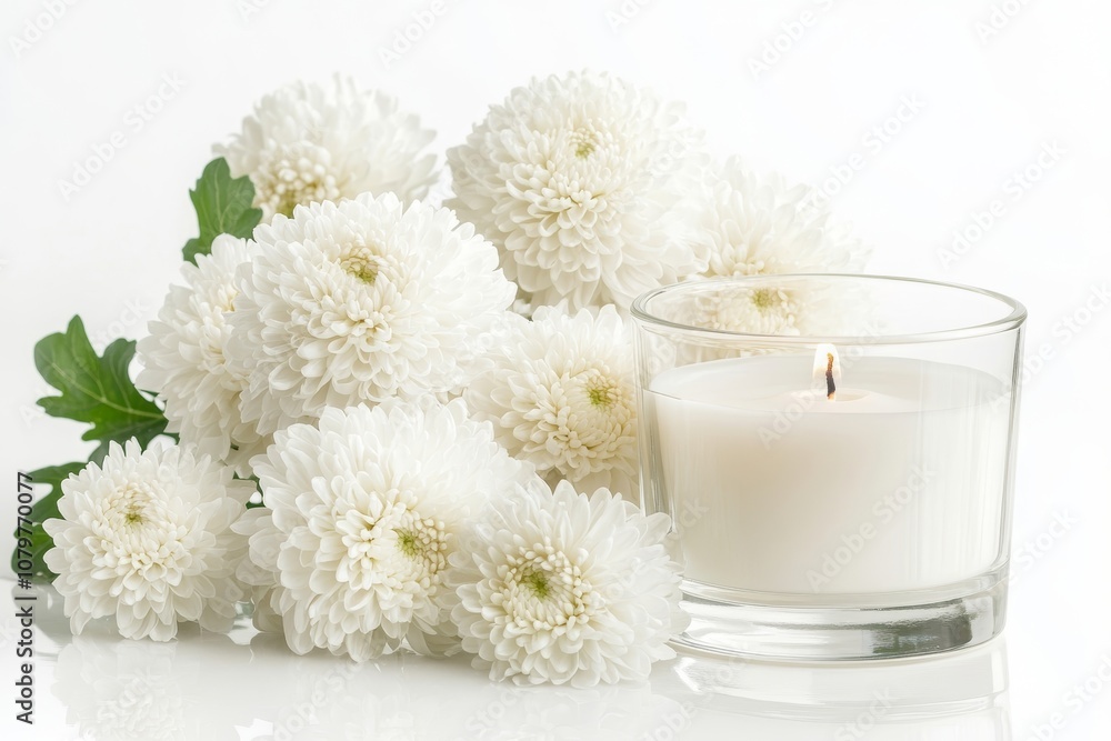 White Chrysanthemums and a Burning Candle White Chrysanthemums and a Burning Candle
