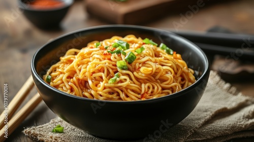 Spicy Noodles in a Black Bowl