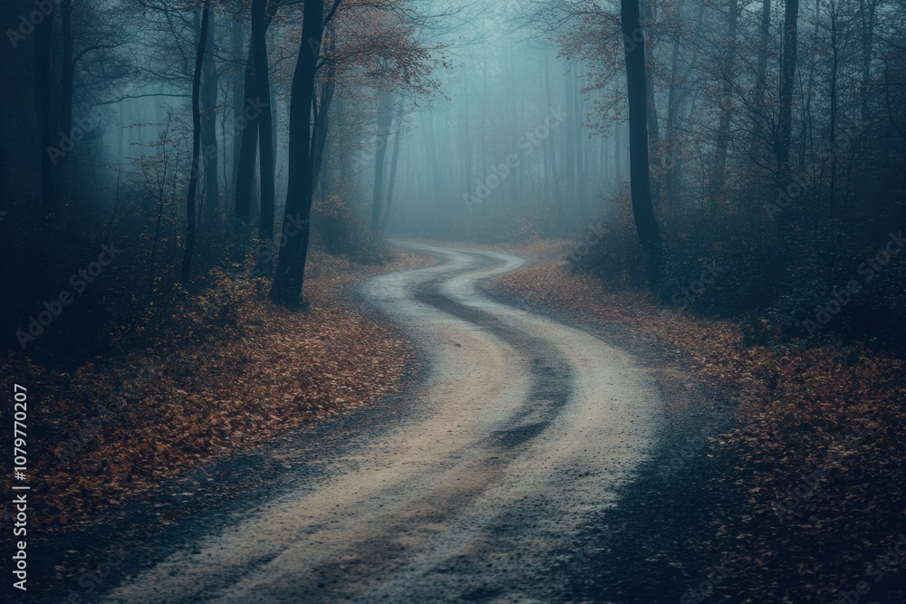 Naklejka premium Winding dirt road through a misty forest.