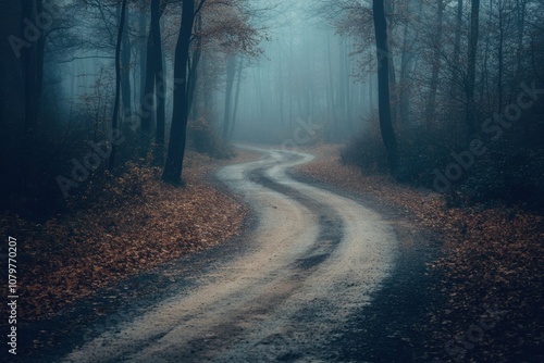 Winding dirt road through a misty forest.