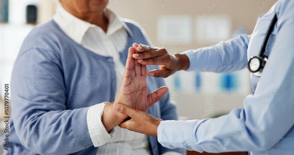 Doctor, patient and hand stretching for arthritis checkup, assessment and diagnosis at clinic. Woman, physiotherapist and female pensioner with wrist exercise for healthcare, help and support Doctor, patient and hand stretching for arthritis checkup, assessment and diagnosis at clinic. Woman, physiotherapist and female pensioner with wrist exercise for healthcare, help and support