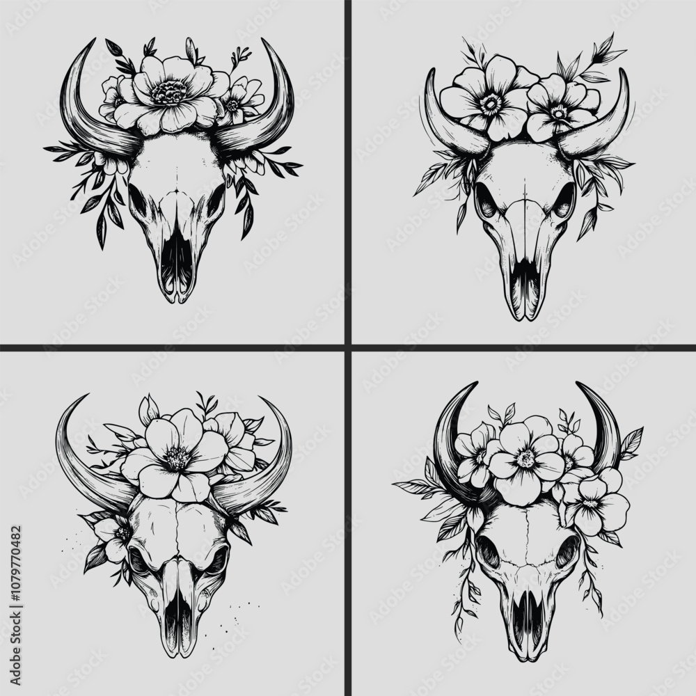 Fototapeta premium Floral Bull Skull Western Cow Skull Svg, Bull Skull Silhouette Vector Svg, Bull Skull Svg, Flower Svg, Bull Skull Head Svg, Western Cow Skull Svg
