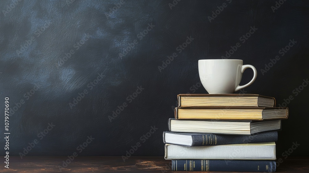 Naklejka premium A Cup of Coffee on a Stack of Books