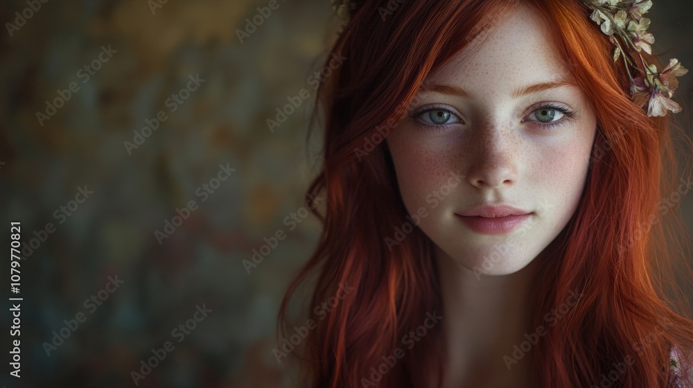 Thoughtful young woman with red hair and floral crown Thoughtful young woman with red hair and floral crown