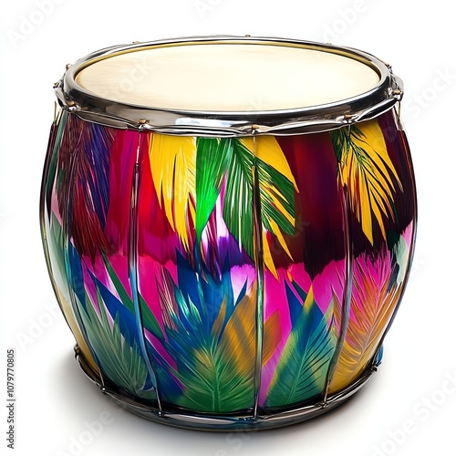 Colorful drum with leaf patterns, white isolated background photo