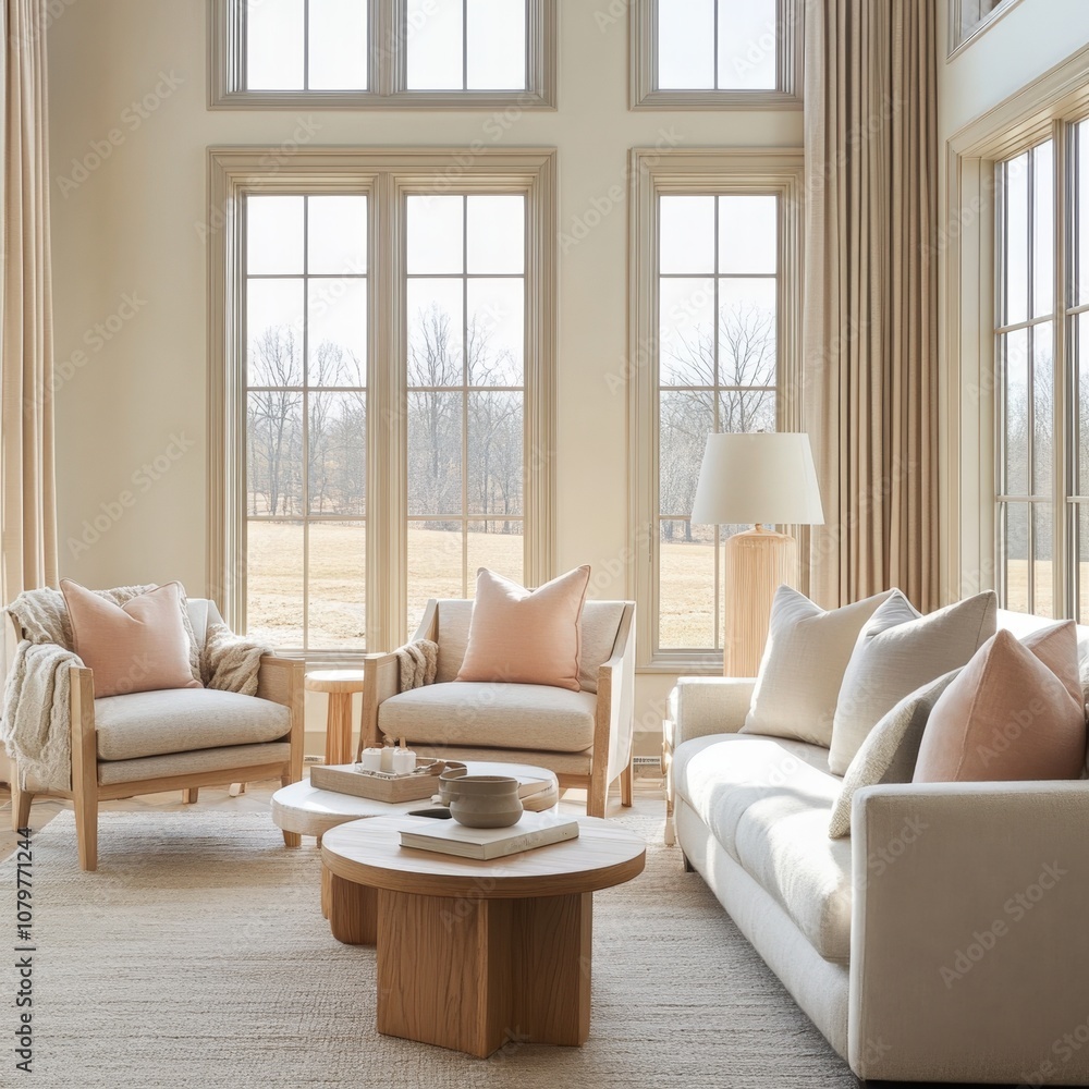 Cozy and inviting living room with large windows overlooking a scenic landscape Cozy and inviting living room with large windows overlooking a scenic landscape