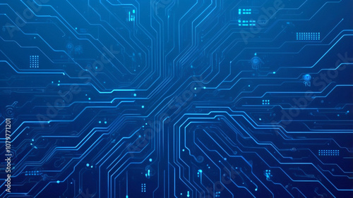  Futuristic vector illustration of a blue circuit board with intricate digital tech elements. Computer motherboard with a chip, processor, and semiconductor. Digital vector illustration