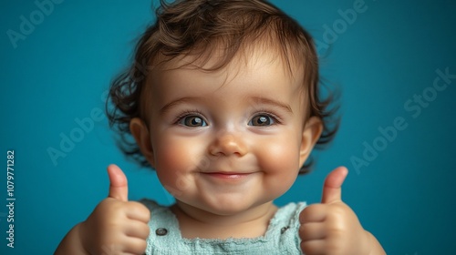 A happy baby girl gives a thumbs up with a big smile, looking directly at the camera.