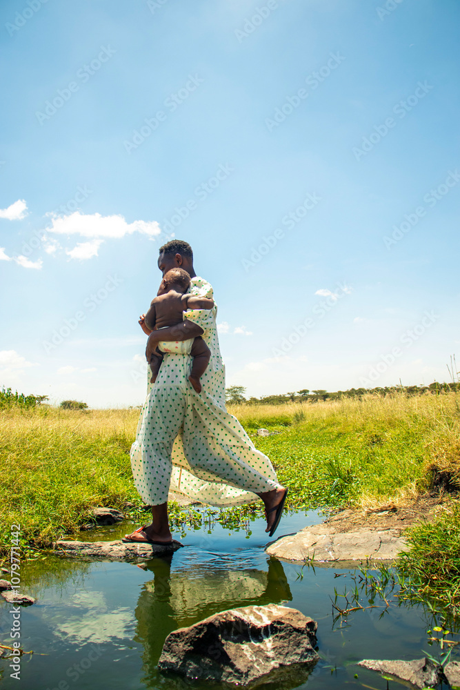 Obraz premium A young African mother playing with her baby outdoors.