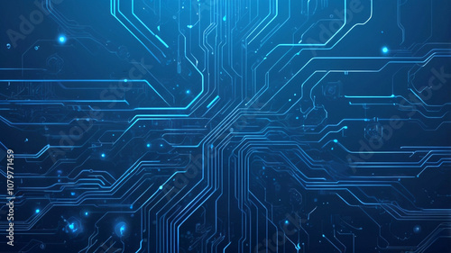  Futuristic vector illustration of a blue circuit board with intricate digital tech elements. Computer motherboard with a chip, processor, and semiconductor. Digital vector illustration