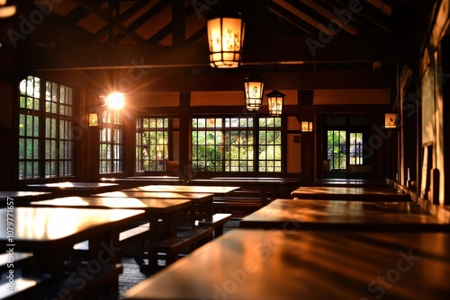 Cozy traditional japanese style interior with wooden furniture and lanterns