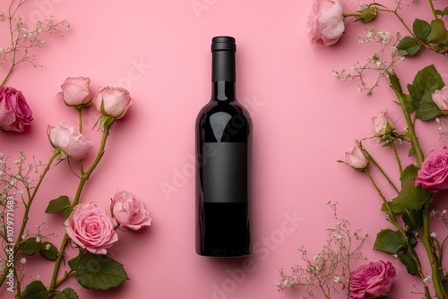 Top view of Valentine's Day gift with wine and pink rose bouquet on pink background design conceptwith generative ai photo