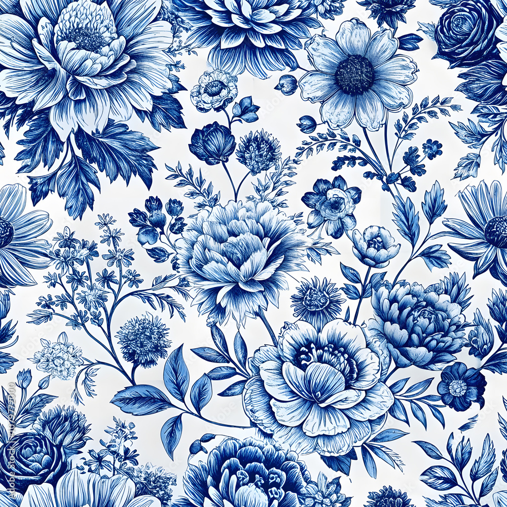 Obraz premium French Country Blue and White Floral Pattern. Perfect for: Country weddings, French-themed picnics, Pastoral retreats